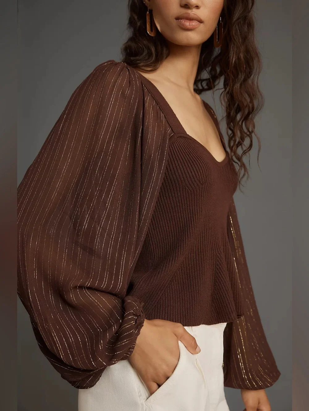 Anthropologie Bl-nk Peplum Twofer Sweater Top Balloon Sleeves Brown Size Small